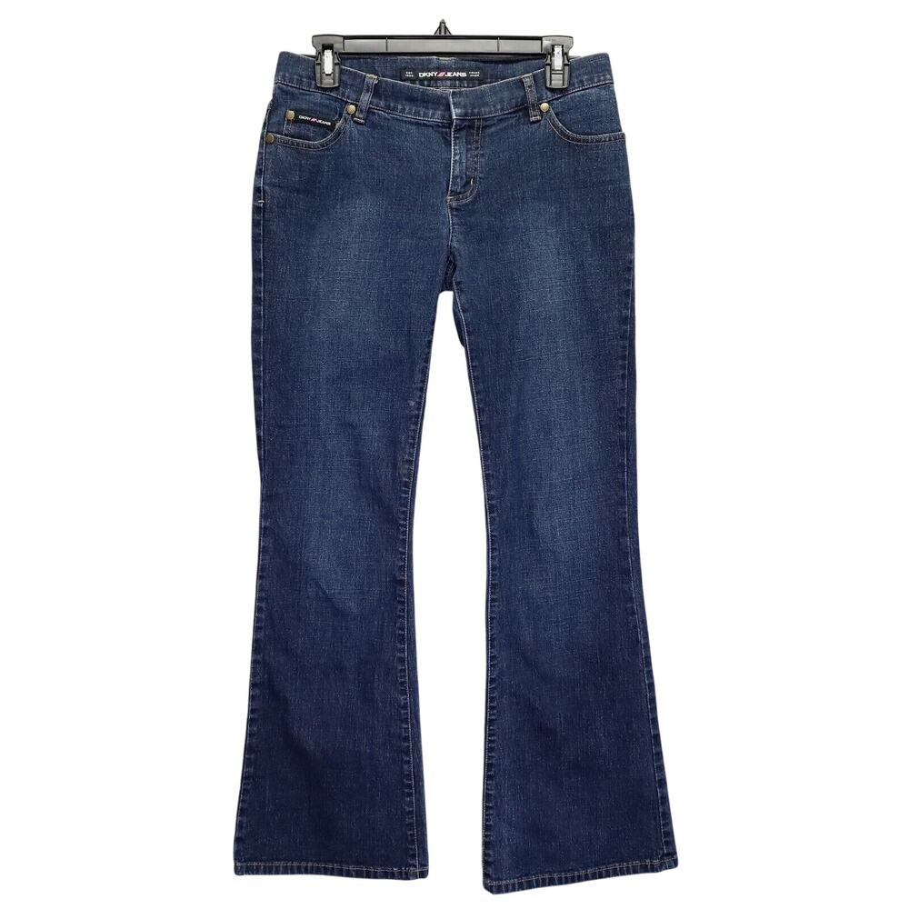 DKNY Jeans Juniors 7 Flare Leg Blue Stretch Cotton Denim Low Rise Y2K Vintage
